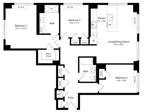 Three Bedroom Floor Plan at One East Harlem Luxury Apartments in East Harlem NY